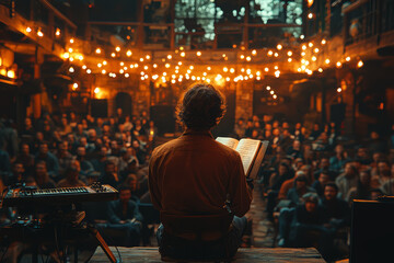 Wall Mural - A poet reciting their work to an enraptured audience, feeling the power of words. Concept of literary passion and emotional resonance. Generative Ai.