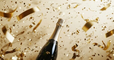 Poster - A beige background with golden streamers and confetti, with space for text in the center of the frame bottle of champagne is lying on it, and there's some glitter around it Generative AI