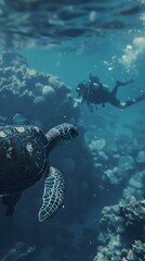 Wall Mural - A turtle is swimming in the ocean with a man in a scuba suit