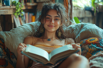 Wall Mural - A person smiling as they relax with a good book in a cozy corner, finding solace in literature. Concept of self-care. Generative Ai.