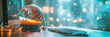 © Safevector - A snow globe on a desk next to a computer monitor, with a festive bokeh background. Snowflakes and a winter scene inside the globe create a cozy holiday atmosphere. Copy space.