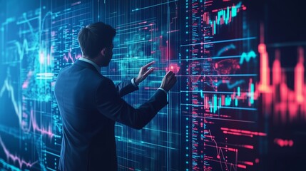 Poster - business professional analyzing data trends on a digital screen in a modern office environment durin