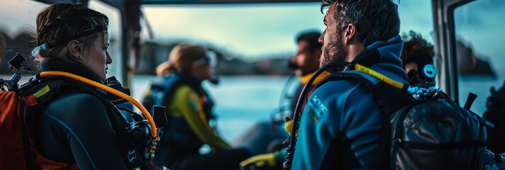 A group of people are sitting in a boat, all wearing scuba gear