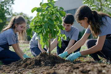 Wall Mural - A group of students planting a tree on school grounds, learning about environmental stewardship. Concept of sustainability. Generative Ai.