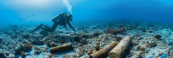 Wall Mural - A man is diving in the ocean and is surrounded by debris