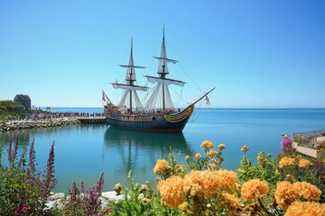 historical replica of the mayflower ship docked at picturesque harbor, with clear sky and calm water