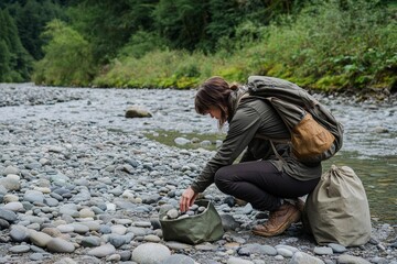 scenic outdoor setting with person crouched down, examining, collecting rocks from riverbed or rocky terrain, backpack and collection bag, showcasing natural environment and process of rock collecting