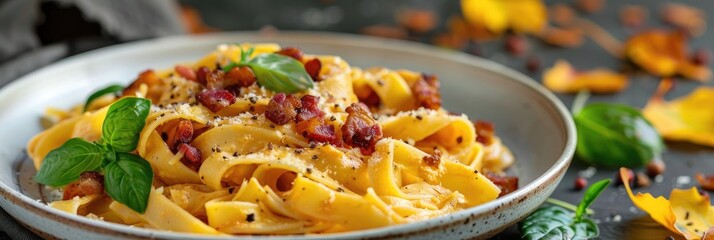 Canvas Print - Savory Pumpkin Pasta Topped with Fresh Herbs and Crispy Bacon