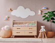 © Valerii - Contemporary Nursery Design: Wooden Cradle and Cabinet with Sun and White Cloud Wall Decor