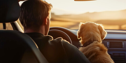 Man and dog enjoy serene drive at sunset in countryside