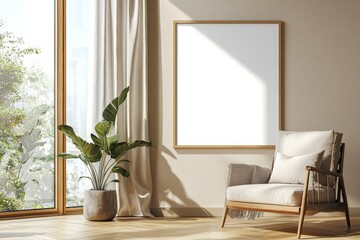 Poster Frame in Beige minimalist living room interior created with generative AI