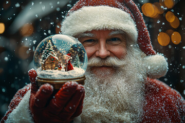 Wall Mural - Santa Claus holding a snow globe, watching a tiny Christmas scene inside it with a smile. Concept of holiday wonder and childhood magic.