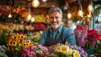 A portrait of a friendly middle-aged man standing behind the counter of his small, cozy flower 