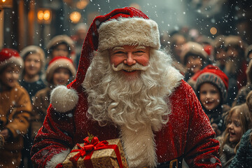 Poster - Santa Claus being welcomed by a family as he delivers gifts, with children excitedly gathering around. Concept of holiday joy and festive surprises.