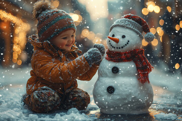 Children building a snowman in the front yard, dressed in festive winter clothes. Concept of Christmas activities and winter fun.