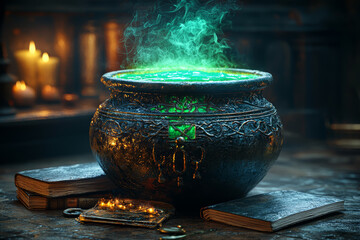 A witch's cauldron bubbling with a mysterious green potion, with spellbooks and potions nearby. Concept of Halloween magic and witchcraft.