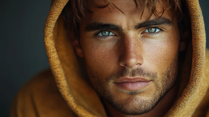 Closeup studio shot of a handsome young man with intense blue eyes and tanned skin, wearing a brown hooded sweatshirt. Model, fashion, rugged look