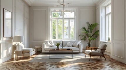 Wall Mural - A large living room with a white couch, a coffee table, and a potted plant