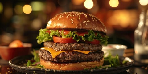 Wall Mural - Cheeseburger with lettuce and assorted toppings served on a plate ready to devour