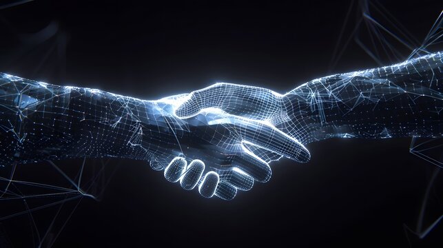 ai generated Illustration two wire-frame glowing hands, handshake, technology, business, trust concept