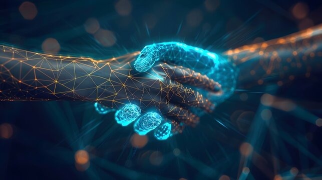 ai generated Illustration two wire-frame glowing hands, handshake, technology, business, trust concept