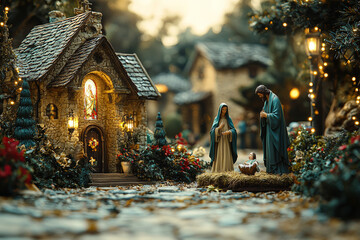 Wall Mural - A nativity scene set up in front of a church, with figures of Mary, Joseph, and baby Jesus. Concept of Christmas religious traditions and the nativity story.