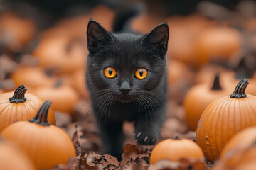 Poster - A mysterious black cat crossing a pumpkin-lined path, with glowing yellow eyes. Concept of Halloween superstition and traditional symbols.