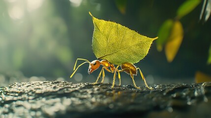 Wall Mural -   A pair of yellow ants rest on a green leafy surface near the edge of a dense forest