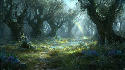 Wall Mural -   A forest trail painting with bluebell-filled foreground and distant rainbow backdrop