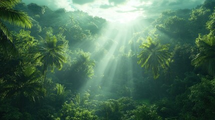 Wall Mural - Sunlight shining through lush tropical rainforest foliage.