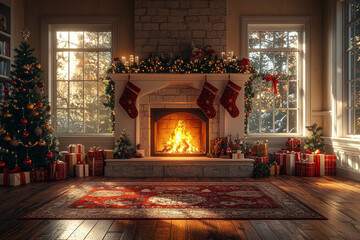 Sticker - A cozy living room with a fireplace, stockings hung, and presents wrapped under the tree. Concept of Christmas Eve and warm holiday moments.