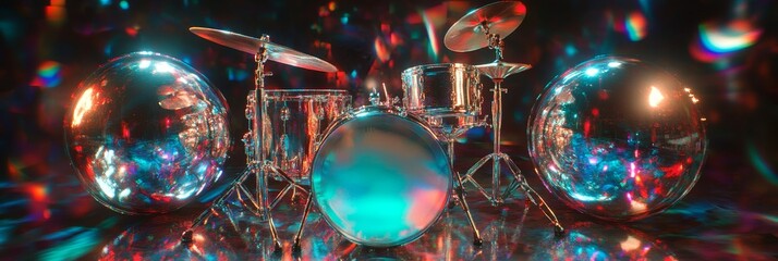 Wall Mural - A drum set is surrounded by three large, colorful spheres