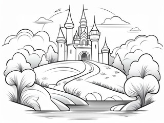 Wall Mural - Castle on a hill, next to a dense forest in which, coloring style, white background