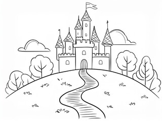 Wall Mural - Castle on a hill, next to a dense forest in which, coloring style, white background