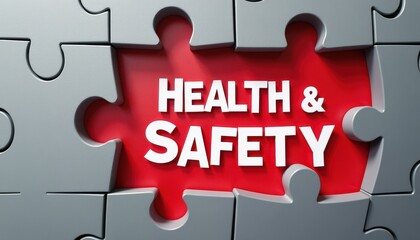 Health and Safety text surrounded by gray puzzle pieces on a red background, emphasizing workplace safety and well-being.