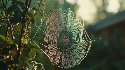 Wall Mural -   A spider web resting atop a green leafy tree in front of a house behind it