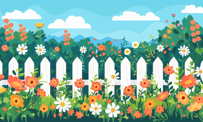 A flat vector of a garden with flowers.