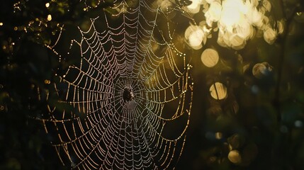 Wall Mural -  A macro shot of a spider web beside a tree, with sunlight filtering through the foliage above
