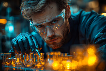 Poster - an engineer testing a new material in a lab, noting its properties. concept of material science and 