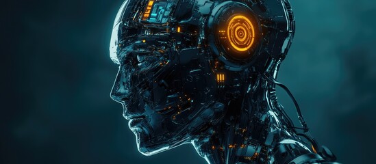 Aufkleber - 3D rendering of a robotic cyborg head illustrating the concept of artificial intelligence and learning