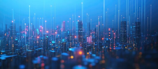 Poster - Contemporary urban landscape featuring a communication network concept Telecommunications IoT ICT 5G and smart city technologies drive digital transformation