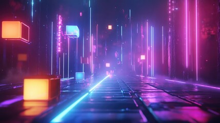 Poster - 3D render of an abstract futuristic scene featuring a neon light trail with floating geometric shapes on a dark background showcasing vibrant glowing colors