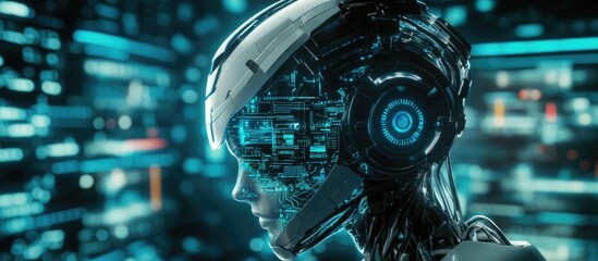 Poster - 3D illustration of a humanoid robot head representing artificial intelligence showcasing a digital brain and supercomputer in a futuristic cybernetic theme with deep learning aspects