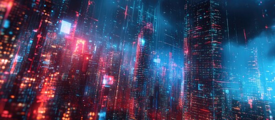 Aufkleber - Holographic data theme illustration featuring a city skyline with skyscrapers in a double exposure effect AI concept visualization