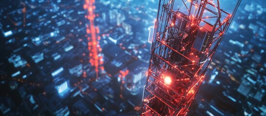 Poster - Telecommunication tower with 5G cellular network Concept of global connectivity and internet networks in an urban setting