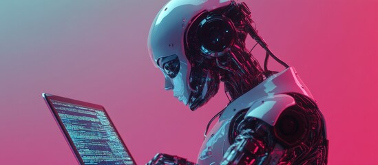 Poster - 3D illustration of a robot coding on a laptop viewed from the side