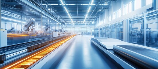 Poster - Automated EV Battery Pack Production Line Featuring Robotic Arms Advanced Robotics in a Bright Facility Assembling Batteries for Electric Vehicles