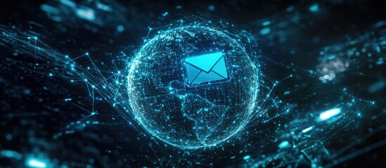 Poster - 3D illustration of a network community concept featuring a globe and email symbol