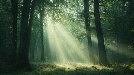 Wall Mural -   The sun filters through towering trees with lush leaves on a landscape of verdant grass in the background