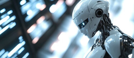Poster - White robot with female characteristics using robotic arms on a blurred backdrop featuring a digital screen in a 3D rendering